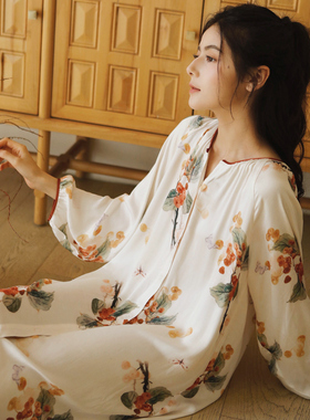 V领开衫中长款睡裙袍人棉贡缎秋季女士甜美森系果实印花简约裙子