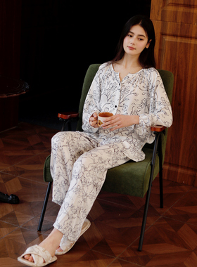 女士外穿人棉贡缎睡衣四季小V领开衫水墨柔软薄款家居服长袖套装