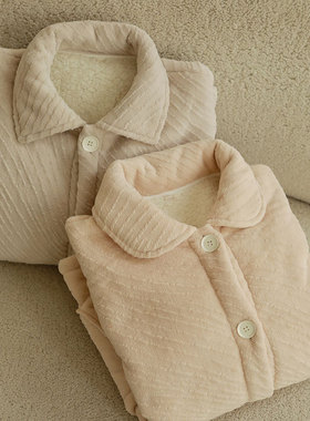 冬季新款加绒加厚纯色提花牛奶绒面料温暖舒适情侣家居服睡衣套装