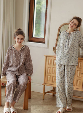 秋冬新女复古小碎花睡衣法式蕾丝花边圆领磨毛纯棉长袖家居服套装