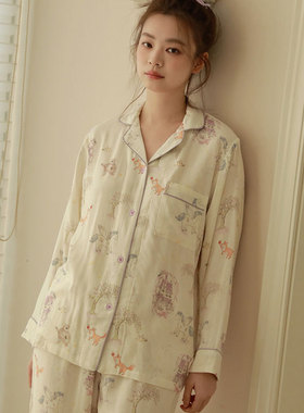 26年春季新款天竹纤维双层纱布天马城堡印花女士长袖翻领睡衣套装