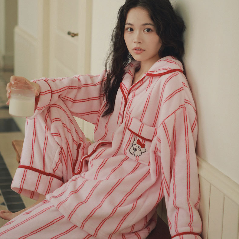 加厚珊瑚法兰绒宽松粉红条纹睡衣