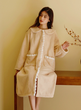 过膝加长开衫毛球冬季睡裙玫瑰提花牛奶复合绒加厚显瘦女居家裙袍