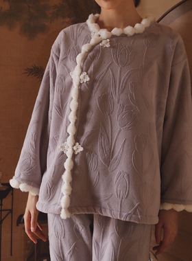 加绒加厚秋冬长袖圆领保暖提花法兰绒女士气质开衫睡衣家居服套装