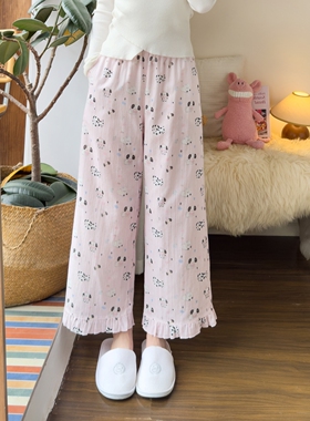 纯棉双层精梳棉纱布春夏新女甜美粉色可爱小狗荷叶裤边家居睡裤子