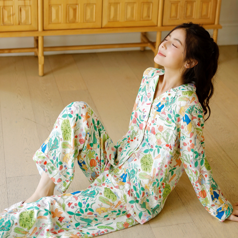双层纱布竹棉开衫女士睡衣秋季卡通花卉修身显瘦长袖长裤居家套装