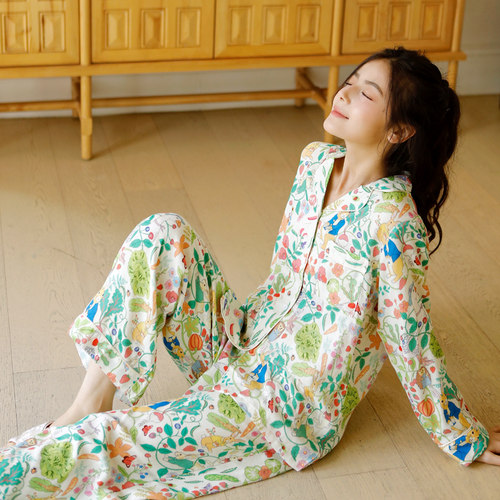 竹棉女士卡通开衫显瘦秋季睡衣套