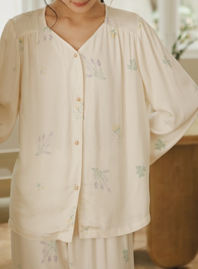 甜美舒适印花秋冬新品人棉贡缎女士春韵可爱V领长袖套睡衣家居服