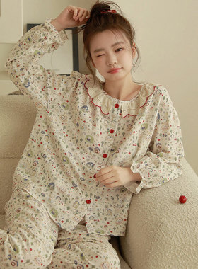 纯棉双层纱布家居服可爱卡通公主风甜美田园女长袖睡衣家居服套装