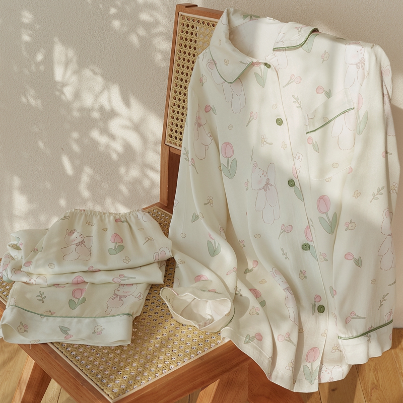 女士棉绸贡缎薄款开衫睡衣套装