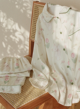 清新小兔子春贡缎长袖裤开衫女士睡衣花朵棉绸秋季薄款家居服套装