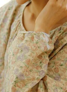 春季新品全棉双层纱布印花睡衣女士蕾丝边松紧缩口显瘦家居服套装