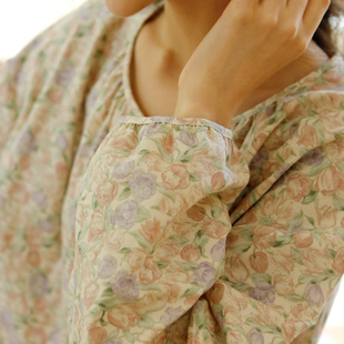 春季新品全棉双层纱布印花睡衣女士蕾丝边松紧缩口显瘦家居服套装