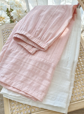 针织纯棉提花睡裤女生夏季纯色甜美家居裤宽松高腰百搭薄款直筒裤