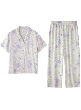 捡漏清仓特价春夏季印花睡衣人棉贡缎女士简约翻领透气家居服套装