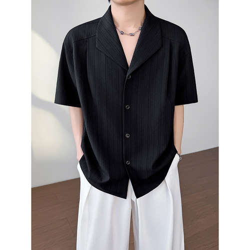 模特图~夏季韩版翻领老钱风中袖休闲衬衫 Q1208/P58