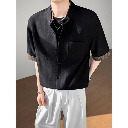 模特图~夏季天丝亚麻中袖立领假两件衬衫 Q1207/P50