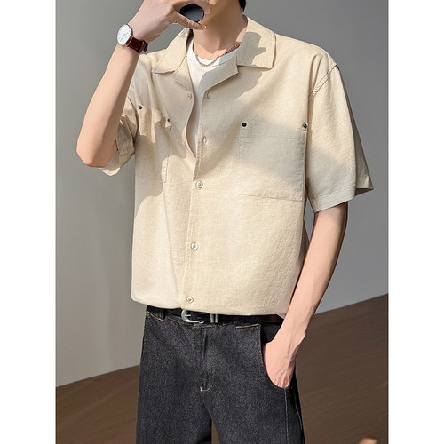 模特图~夏季爆款老钱风中袖棉麻衬衫 Q1232/P55