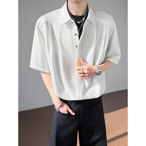 模特图~夏季宝石扣设计冰丝中袖衬衫 Q1223/P55