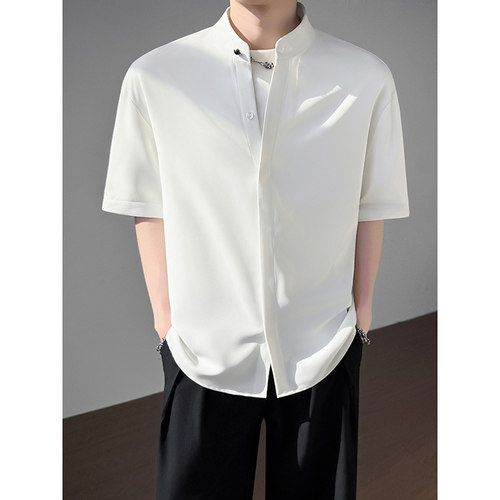 模特图~夏季冰丝垂感立领中袖衬衫暗门禁 Q1218/P50