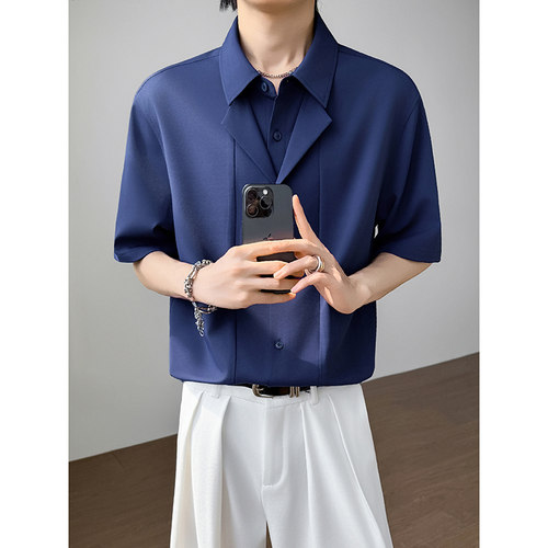 模特图~夏季爆款假两件冰丝中袖衬衫 Q1239/P55