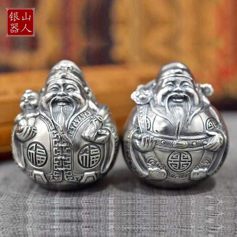 纯银佛像福禄寿禧财足银999不倒翁茶宠摆件财神手把件寿星摆件礼