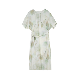 浅秋国风晕染长款宽松直筒气质短袖连衣裙女夏季2024新款5A41618