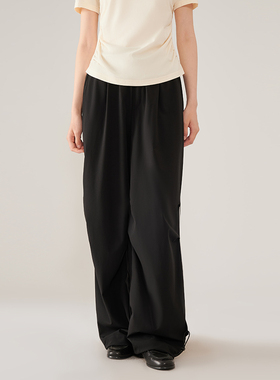 浅秋黑色宽松直筒运动工装裤女2024新款6T41746