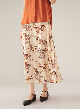 浅秋复古印花真丝压褶长款a字半身裙女夏季6A11815