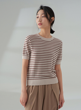 浅秋圆领条纹针织短袖女T恤春夏季修身显瘦圆领上衣撞色3B30528