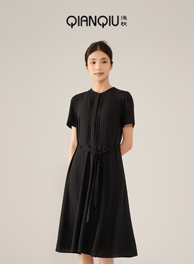 浅秋桑蚕丝连衣裙夏季短袖黑色收腰显瘦女裙真丝女装流行5B11633