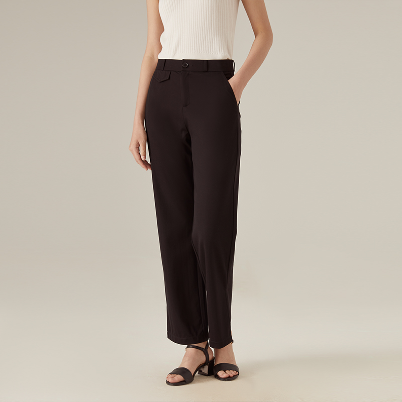 浅秋黑色冰爽垂顺直筒裤高腰简约九分裤西装休闲裤6A31738