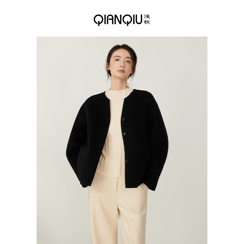 浅秋秋冬季新款女装毛呢外套双面穿女宽松V领长袖短款羊毛大衣