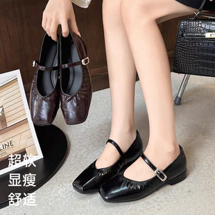 褶皱百搭一字带粗跟浅口单鞋 2025新款 真皮方头玛丽珍鞋 613法式