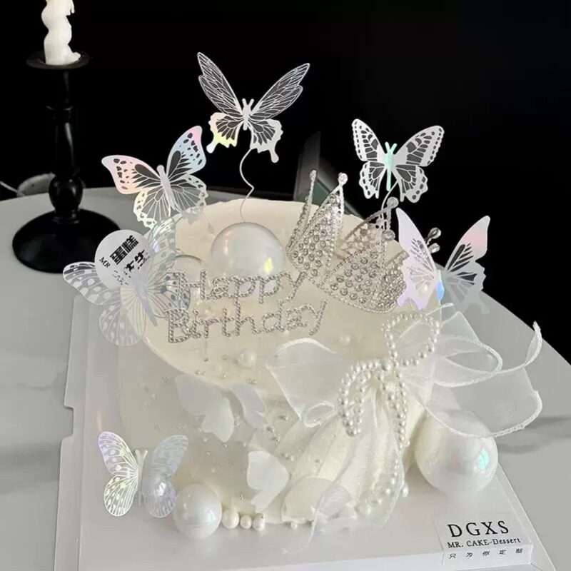 小仙女蛋糕装饰珍珠蝴蝶结皇冠摆件钻石蝴蝶插件女神生日快乐装扮