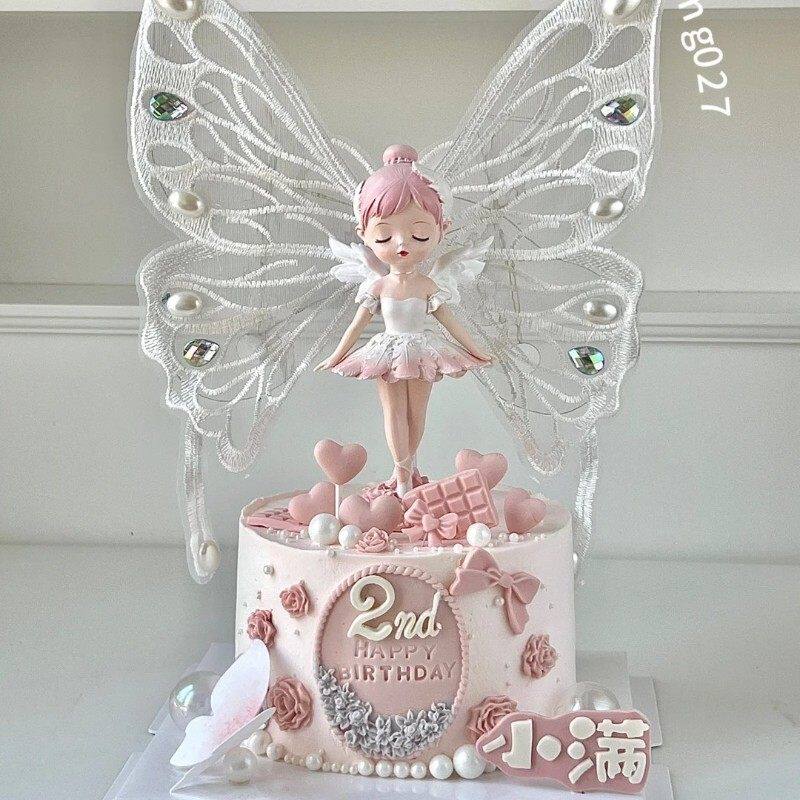 翅膀贝拉公主蛋糕装饰摆件芭蕾舞裙女孩刺绣蝴蝶带灯女生生日插件