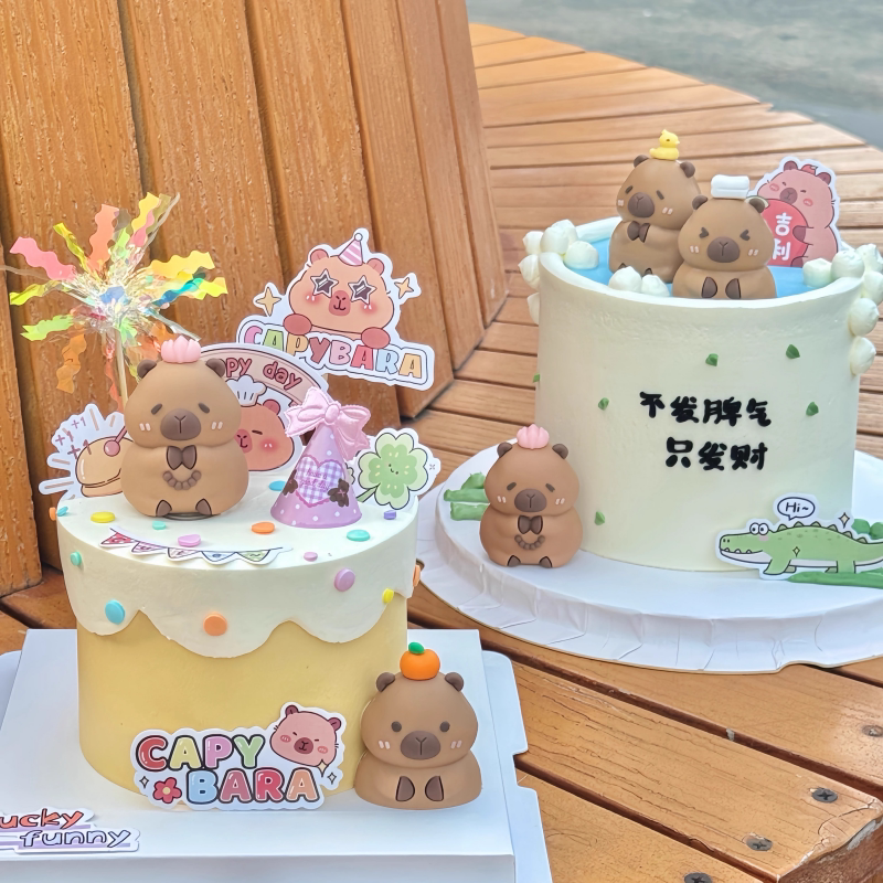 网红卡皮巴拉儿童生日蛋糕装饰摆件可爱卡通软胶豚鼠烘焙插牌插件
