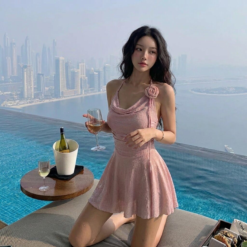 2026新款泳衣女泡温泉连体裙式保守粉色绝美游泳衣高级感爆款