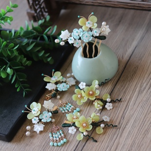 天然石柠檬玉腊梅花朵美国贝发夹女珍珠流苏发簪超仙汉服头饰