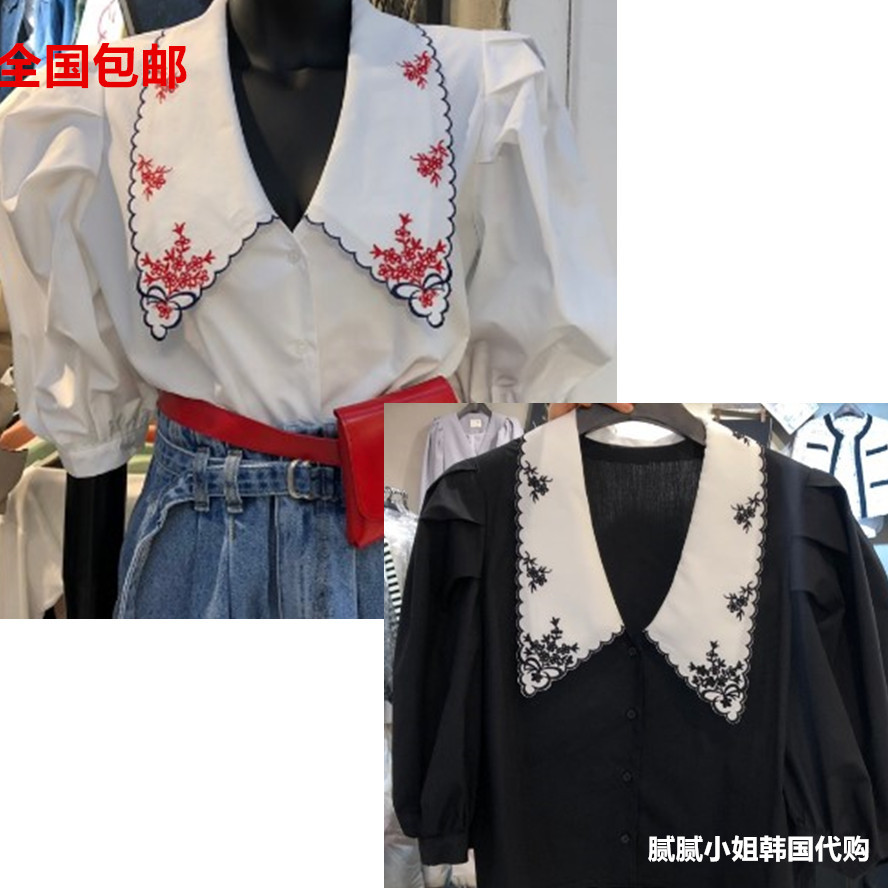 A2韩国东大门代购2026春季新款气质描边显瘦耸肩泡泡短袖衬衫 女