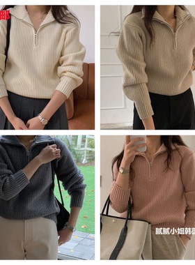 韩国 Monique110705 秋冬 80%美利奴羊毛 复古 拉链 毛衣