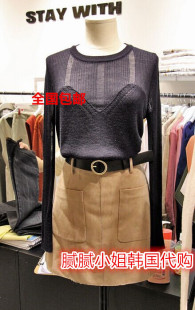 WITH 竖条纹木耳边针织紧身上衣STAY 韩国东大门进口代购 时尚