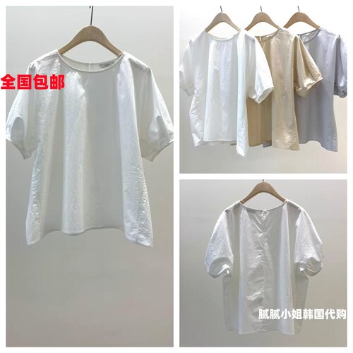 KNOCK 韩国东大门代购夏季新款气质纯色圆领短袖衬衫