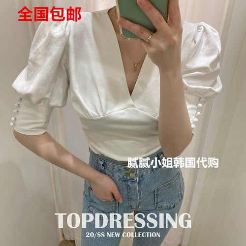 TOPDRESSING韩国东大门V领纯色短袖衬衫