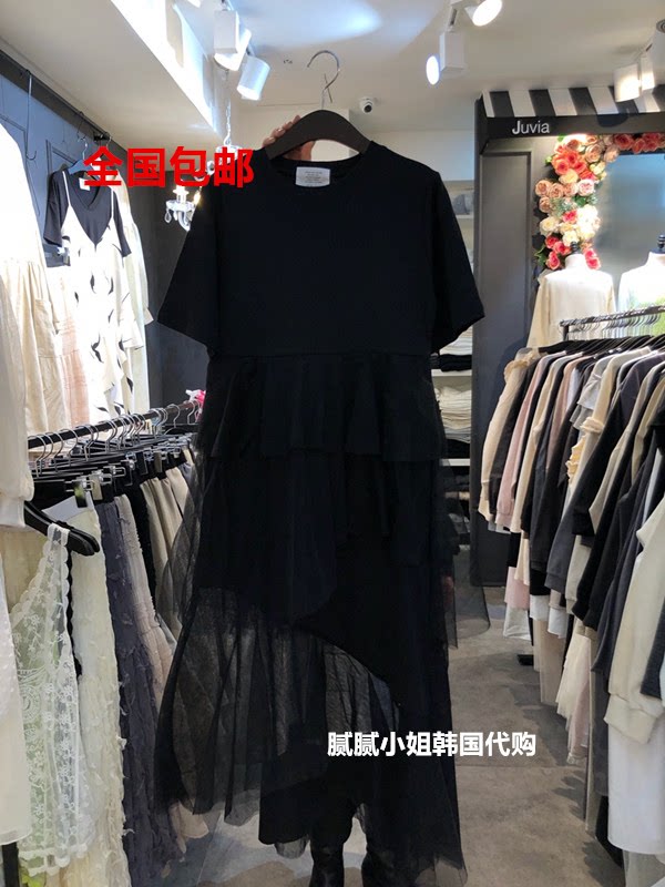 Juvia-Q韩国东大门代购26春款拼接花边圆领短袖连衣裙