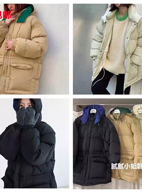 韩国高品质Are you111106冬款6o鸭绒 复古撞色中长款羽绒服
