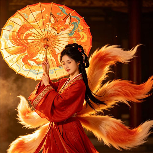 狐狸九尾狐装饰儿童走秀防晒旗袍汉服油纸伞古装中古典绸布婚礼伞