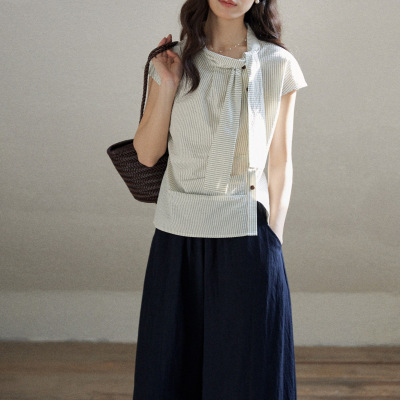 MIXBAO日常竖条纹短袖衬衫女夏棉质不对称设计感飘带领连肩袖上衣