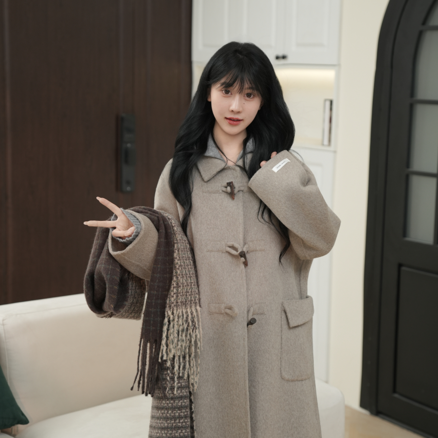双面羊毛大衣牛角扣中长款韩系显瘦百搭女装小个子毛呢外套