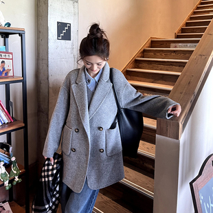 【伊迪卡】26春秋冬短款双面羊毛大衣宽松阔版翻领高级感毛呢外套
